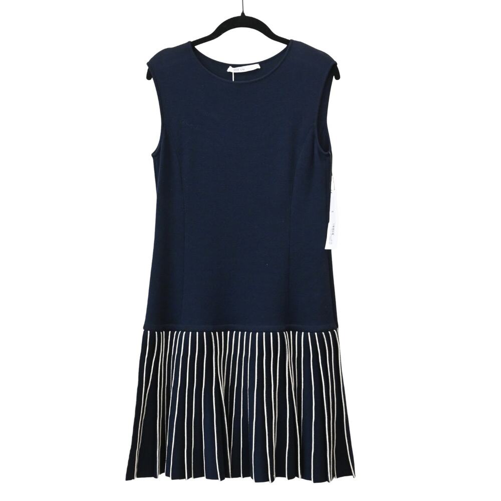 Adeam Navy Ivory Pleated Knit Knee Length Dress Size XS